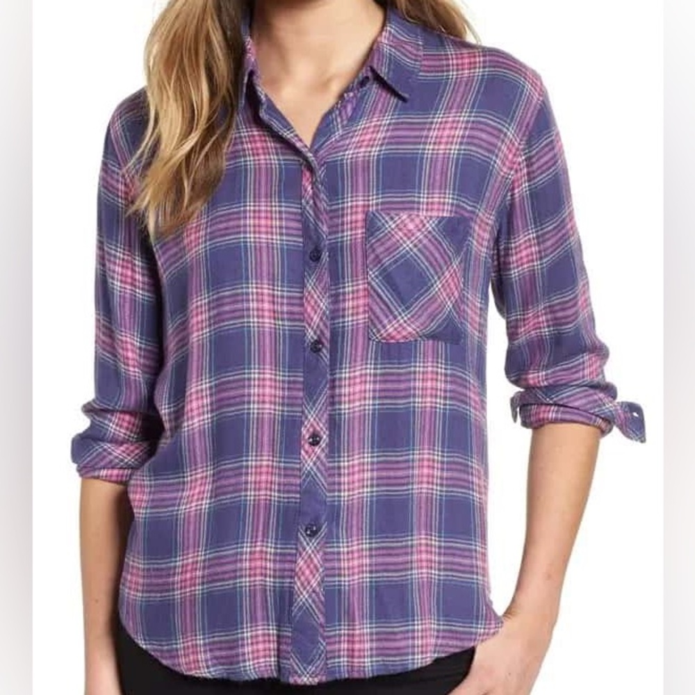 Rails Hunter Button Down Shirt Plaid Wisteria Pink & Aqua Blue Size Medium